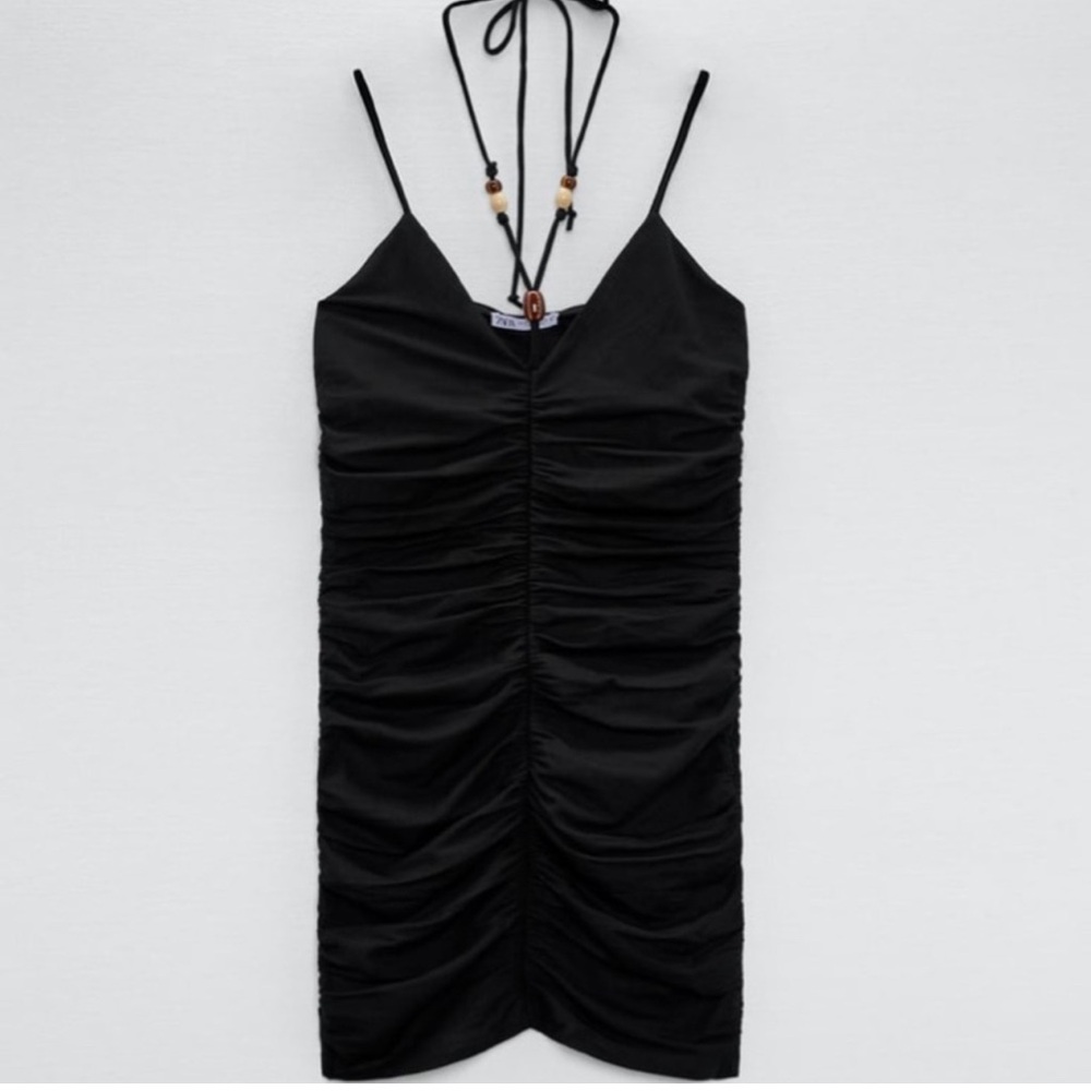 Zara Black Beaded Ruched Halter Bodycon Mini Dress Small